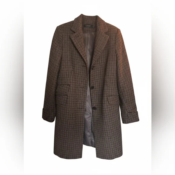 Lauren Ralph Lauren Legacy Check Wool Blend Coat Size 8 Brown Houndstooth - Picture 1 of 6